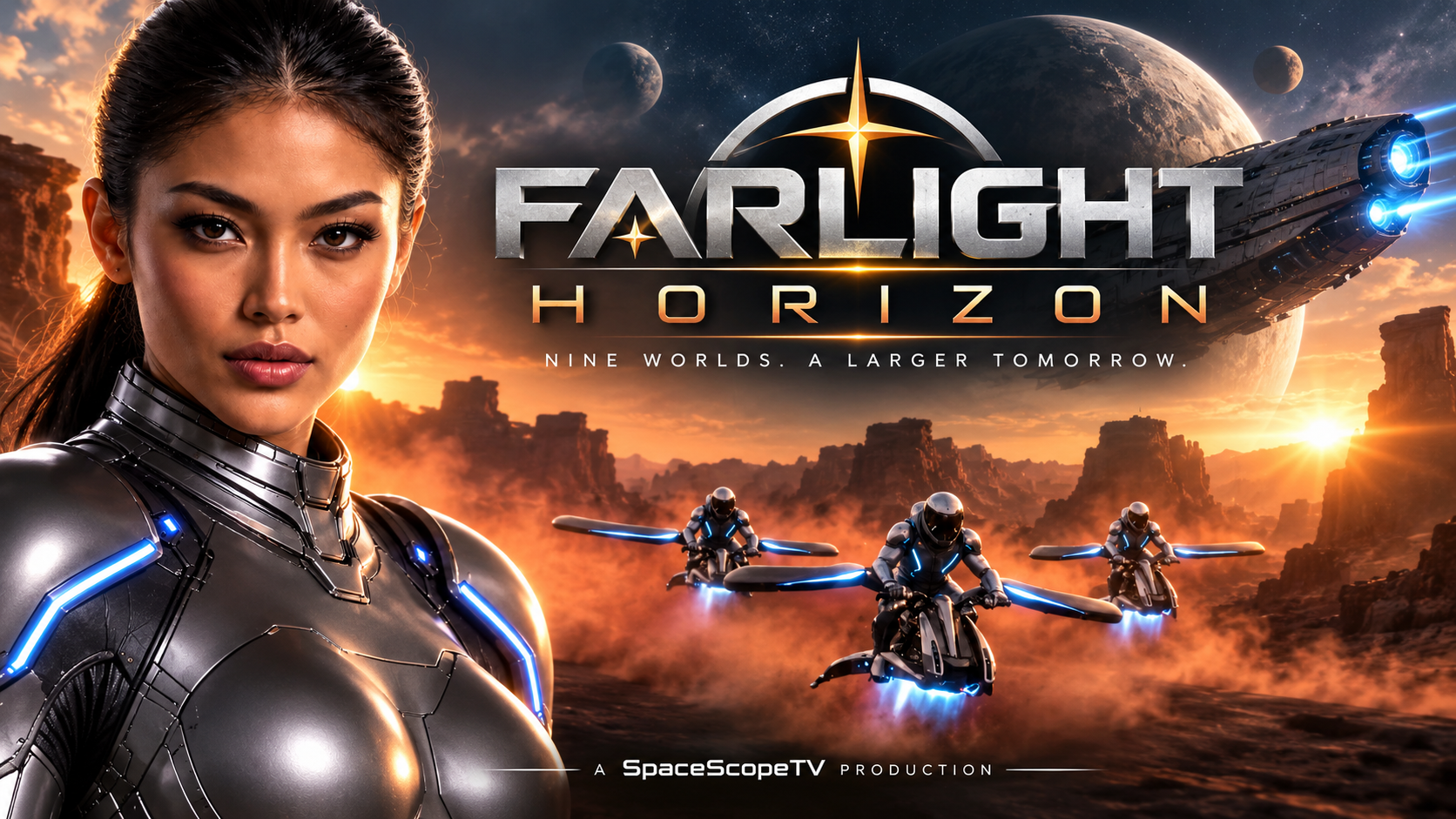 Farlight Horizon explorer and flight team crossing an alien world